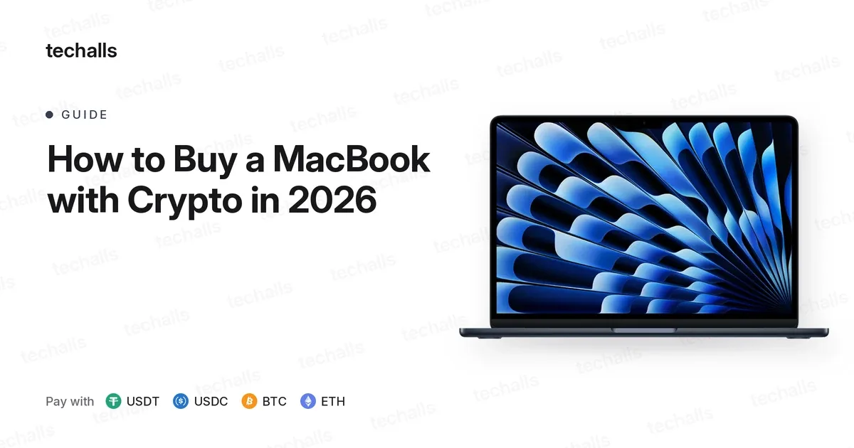 MacBook Air 13-inch with the Techalls logo on a white background, for a guide to buying a MacBook with crypto