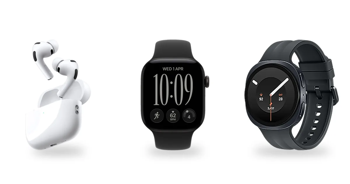 AirPods Pro 3, Apple Watch Series 12 and Galaxy Watch9 side by side on a white background